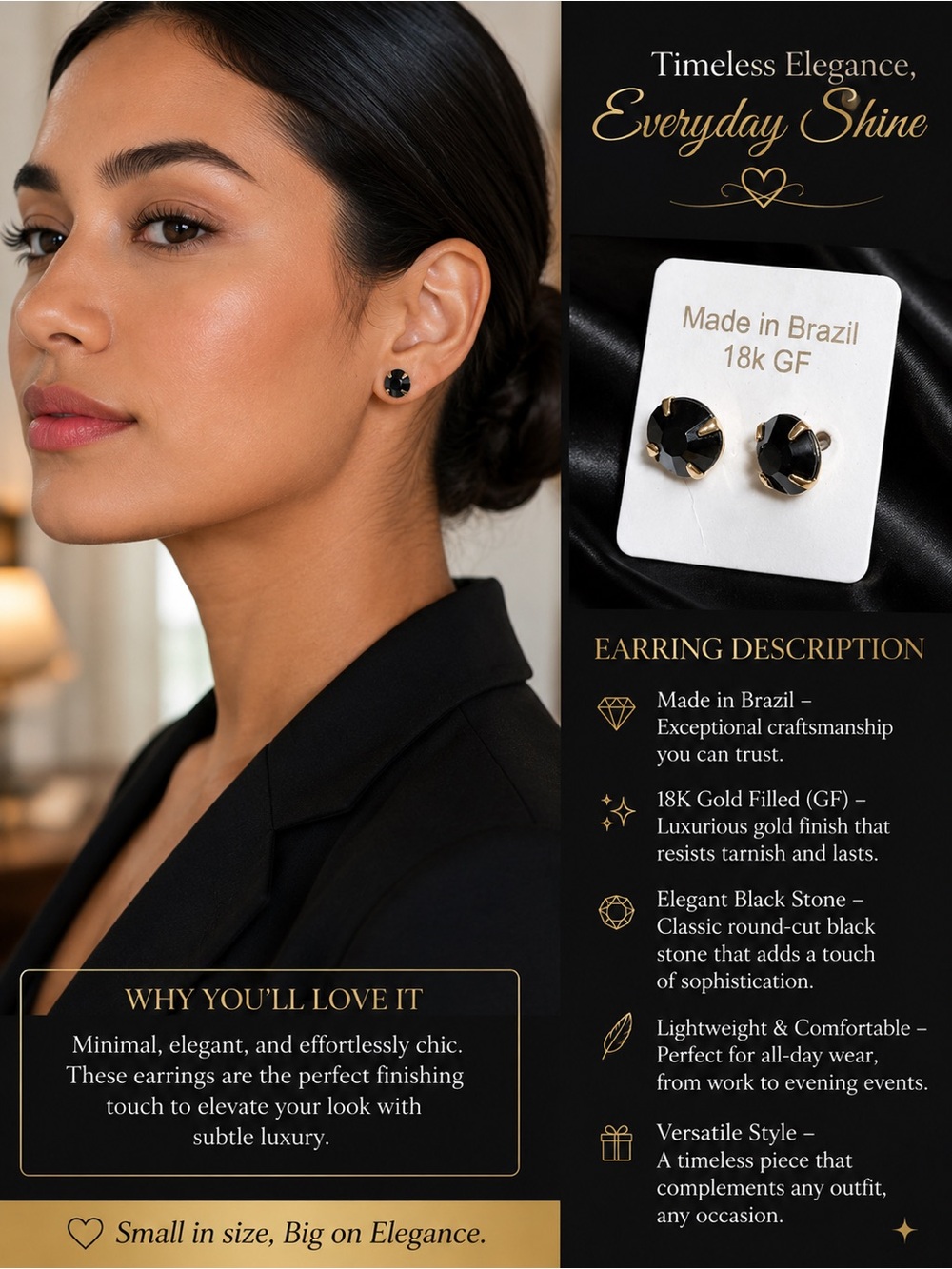 18K Gold-Filled Black Stone Stud Earrings - Made in Brazil